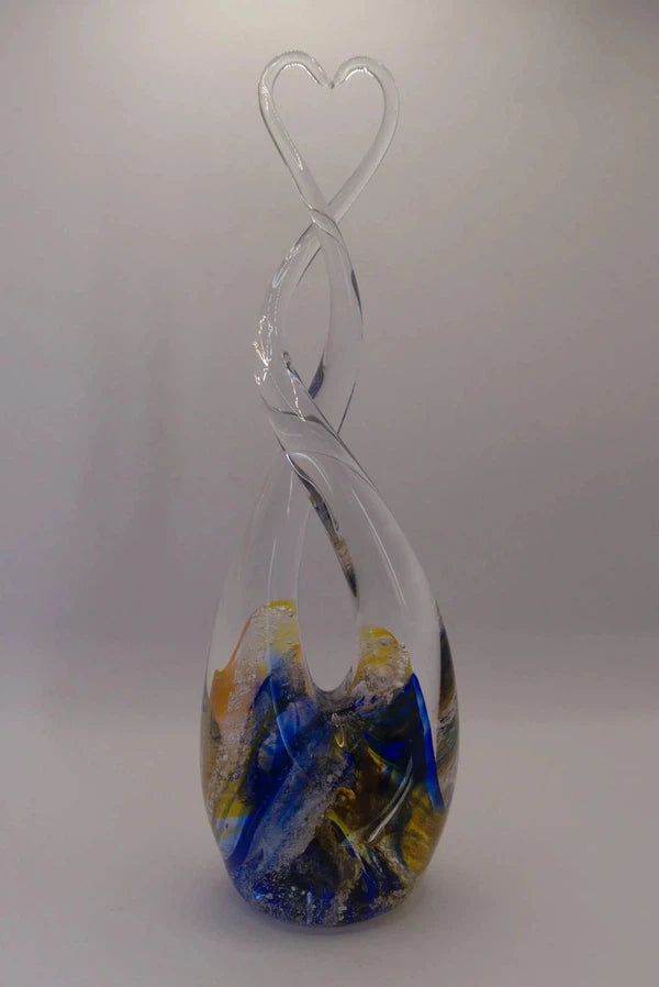 Ashes to Glass Heart Sculpture-Cremation Ashes Glass-Stuart Wiltshire Glass Outlet-Royal Blue & Gold with Ashes-Stuart Wiltshire Glass Ltd