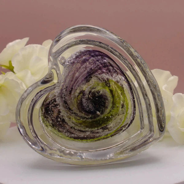 Ashes to Glass Step Heart Paperweight-Cremation Ashes Glass-Stuart Wiltshire Glass Outlet-Purple & Lime Green with Ashes-Stuart Wiltshire Glass Ltd