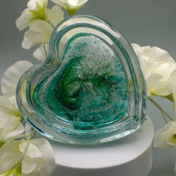 Ashes to Glass Step Heart Paperweight-Cremation Ashes Glass-Stuart Wiltshire Glass Outlet-Spring Greens with Ashes-Stuart Wiltshire Glass Ltd