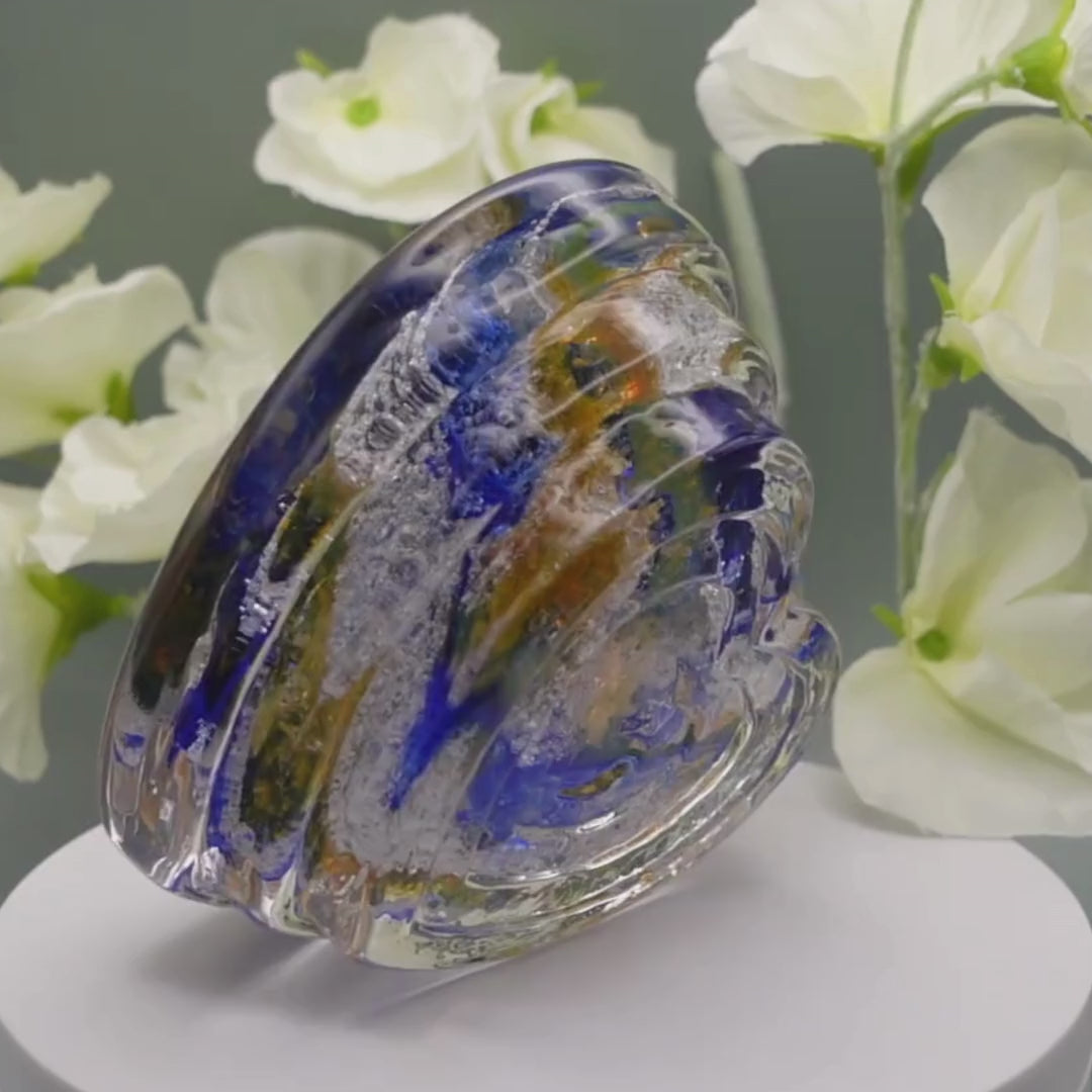 Ashes to glass step heart paperweight in royal blue and gold