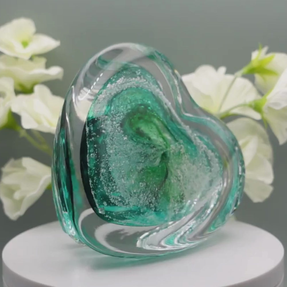 Ashes to glass step heart paperweight in spring greens