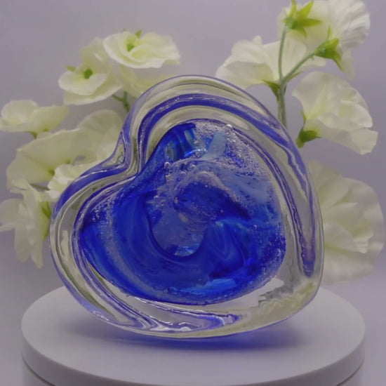 Ashes to glass step heart paperweight in royal blue and baby blue