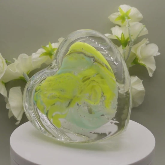 Ashes to glass step heart paperweight in lemon yellow and turquoise