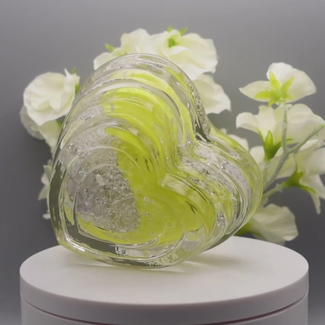 Ashes to glass step heart paperweight in lemon yellow and grey